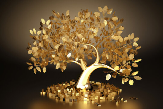 Golden money tree with shimmering coins glowing in a luxurious environment