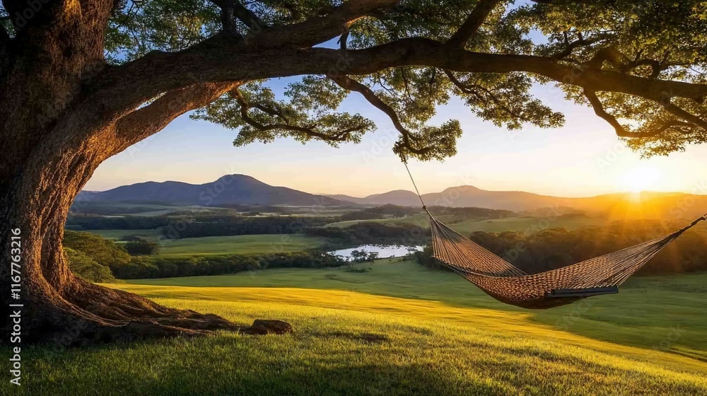 Poster serene sunset view with hammock under a large tree.