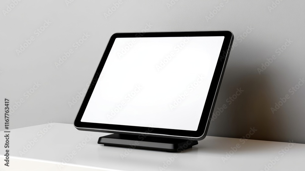Poster Sleek Tablet on Stand Holder: White Screen Display on Minimalist Table with Generous Copy Space
