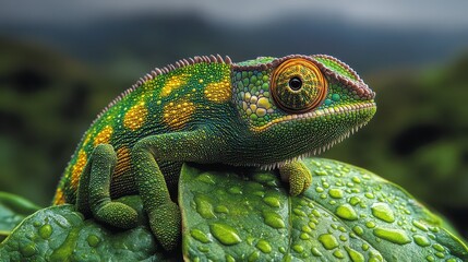 Obraz premium Vibrant green chameleon perched on a dew-covered leaf.