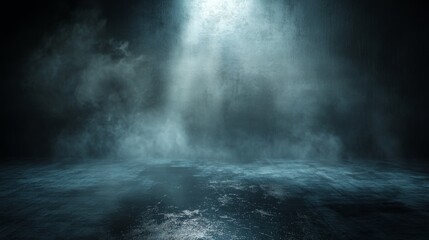 Abstract dark scene with mist, fog, and spotlight, featuring glitter on the floor for display