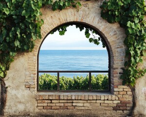 Arched Window Overlooking Vineyard: A Blend of Architecture and Nature with Brick Facade and Grapevine