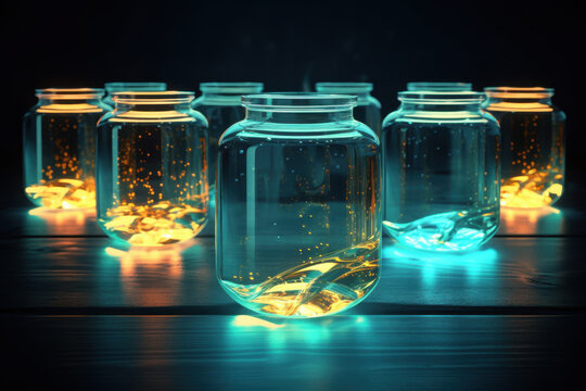 Glowing glass jars with floating luminous objects in a dark, surreal setting