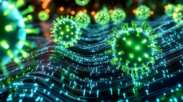Vibrant depiction of green virus particles interacting with flowing data in a sci-fi landscape
