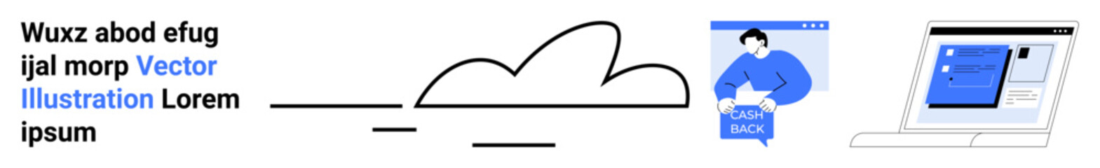 Cloud icon, person holding feedback poster, laptop with open screen. Ideal for tech, cloud services, feedback collection, online tutorials, software, customer reviews, digital marketing. Landing page