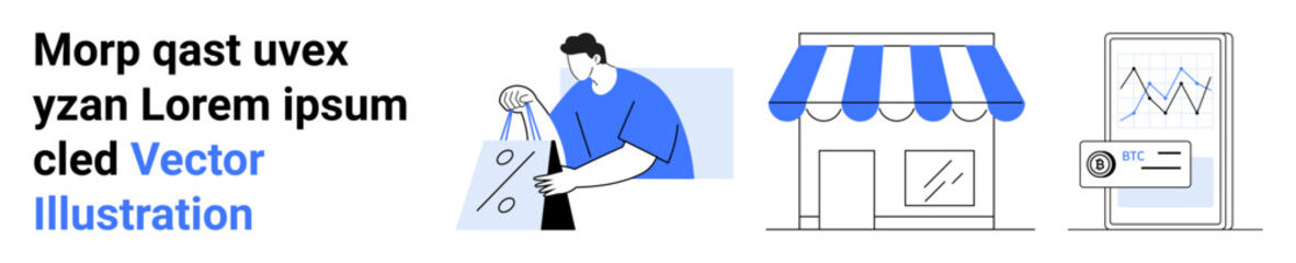 Man carrying shopping bags, storefront with blue-and-white striped awning, smartphone displaying statistical charts and credit card. Ideal for e-commerce, retail, shopping, business analytics