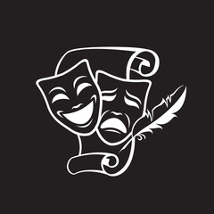icon of comedy and tragedy theatrical masks with paper isolated on black background