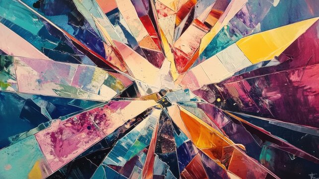 A series of sharp, angular shards breaking apart as if in motion, radiating from a central diagonal axis. 