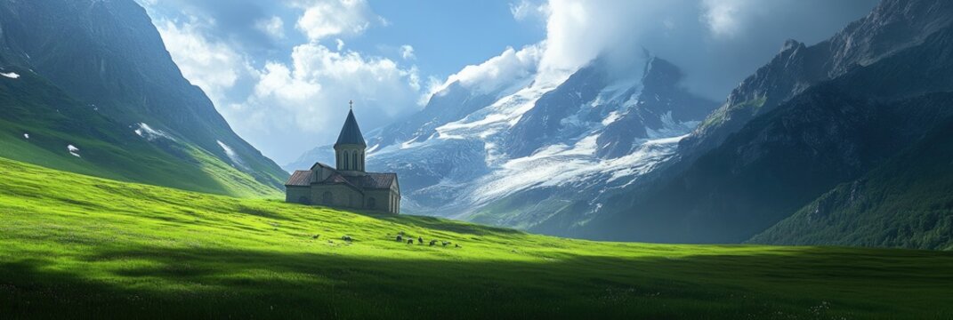 Stunning Summer Panorama of Georgian Countryside with Church Nestled at the Base of the Majestic Caucasus Mountains
