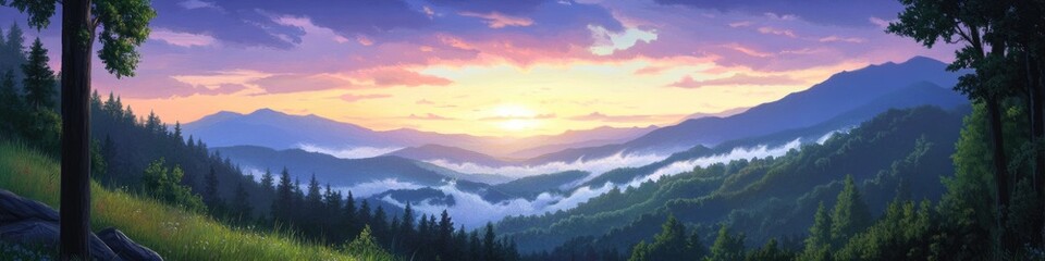 Stunning Dusk over Blue Ridge Mountains: Scenic Summer Landscape in North Carolina