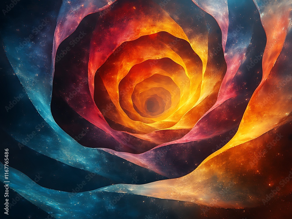 Poster abstract art portraying dynamics of time management and productivity with swirling paths and layered