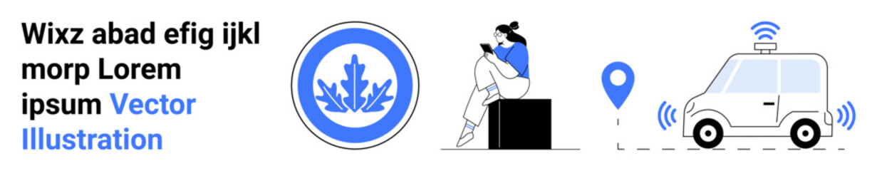 Woman sitting and using a mobile device, a GPS navigation marker, and an autonomous car with wireless connectivity. Ideal for technology, navigation, mobility, modern lifestyle, smart city, digital