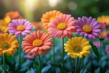 Vibrant Colorful Daisy Flowers Blooming in Spring Garden Natural Sunlight Beautiful Floral Photography Bright Petals Soft Light Delicate Blossoms up  