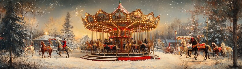 Fototapeta premium Festive carousel ride winter wonderland art painting snowy landscape evening glow holiday joy