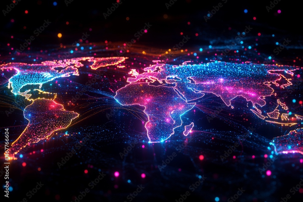 Poster global network connections digital world map bright colorful illuminated glowing particles futuristi