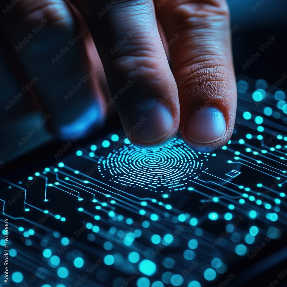 Poster digital fingerprint authentication cybersecurity mobile technology modern office close-up view innov