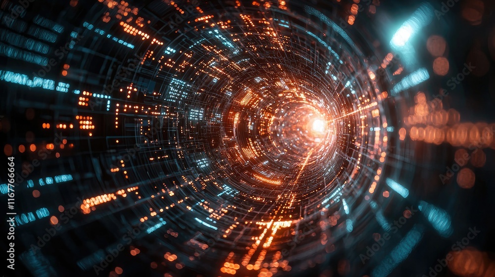 Poster abstract digital tunnel with glowing lights and binary code.