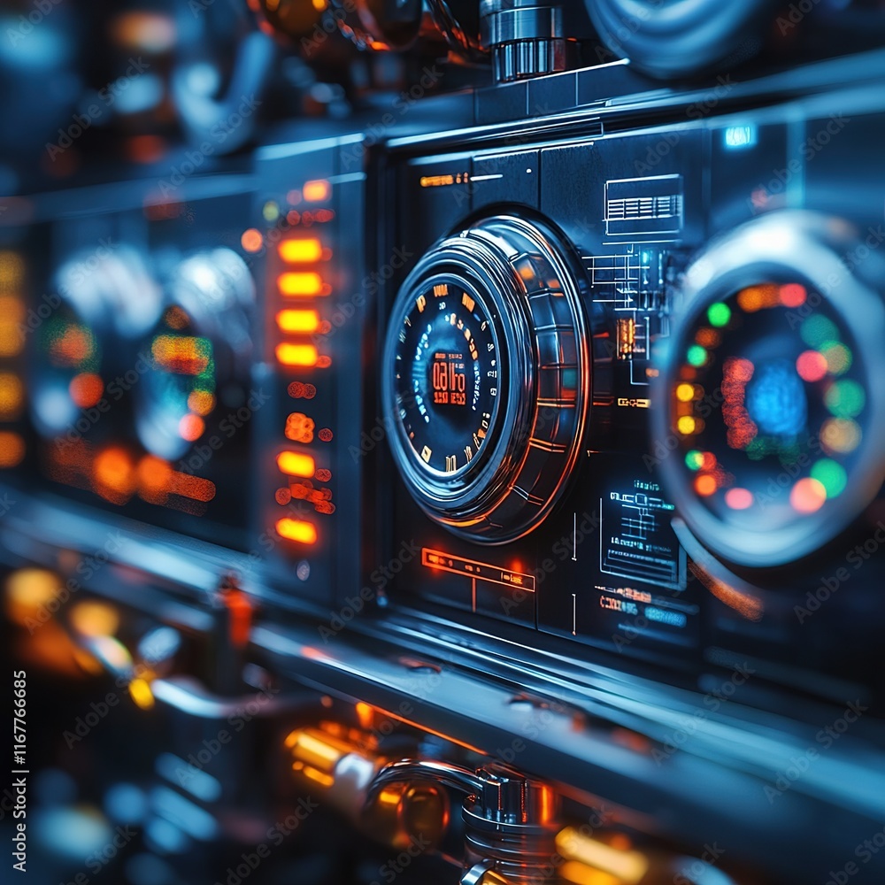 Aufkleber high-tech control panel display futuristic laboratory digital art urban environment close-up view in
