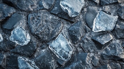Close-up of frozen ice crystals forming intricate patterns on a textured stone surface.