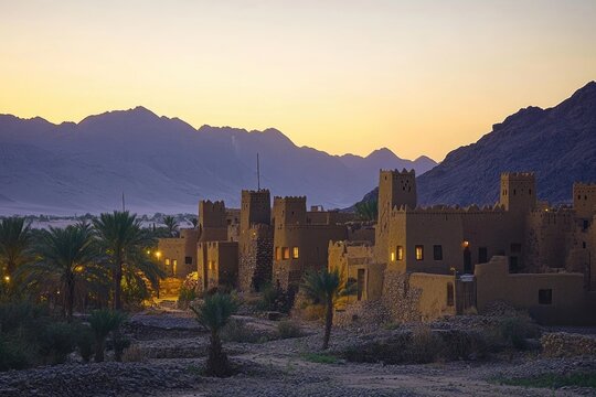 Traditional Arabic Mud Houses in Najran Village, Saudi Arabia at Dusk &acirc;&euro;&ldquo; A Travel Perspective
