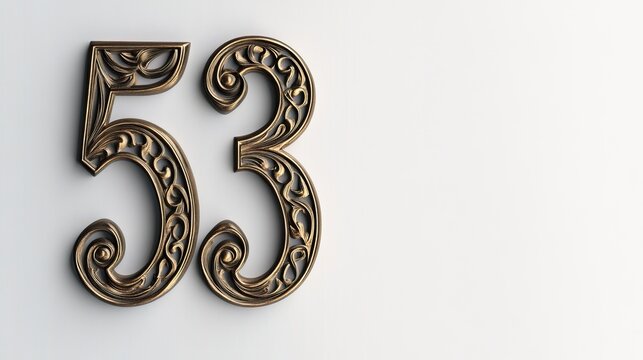 Ornate gold number 53 on white background.