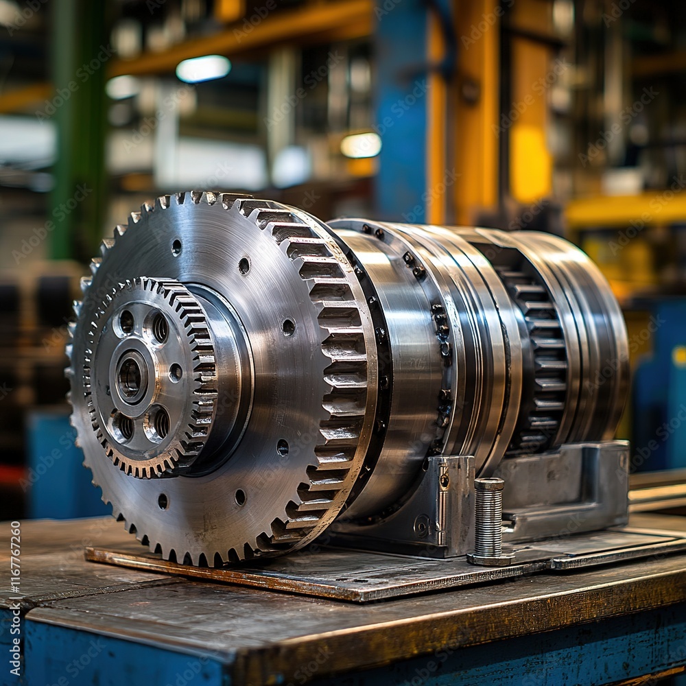 Poster machinery operation in industrial setting with precision engine components on workbench