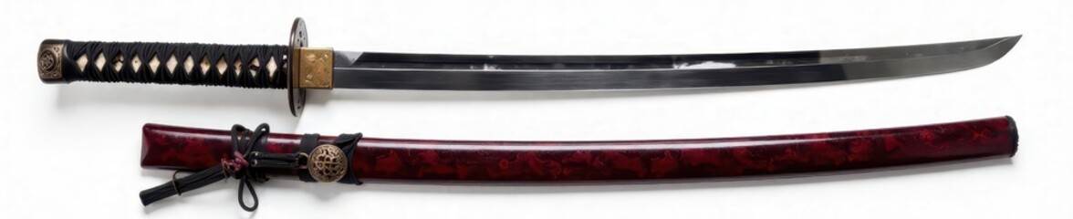 Traditional Japanese katana with ornate scabbard, wooden handle, Japanese