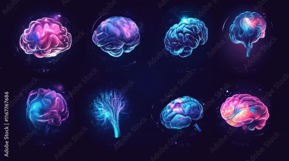 Poster brain activity abstract concept vector illustration set. thinking and imagination, problem solving, 