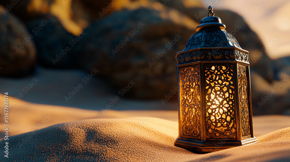 Poster an antique metal lantern with intricate patterns casting a warm glow in the desert sand creating a p
