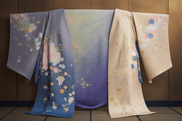 Traditional Japanese kimono with pastel gradient and floral motifs