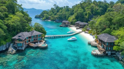 Naklejka premium Tropical resort with overwater villas and clear waters.