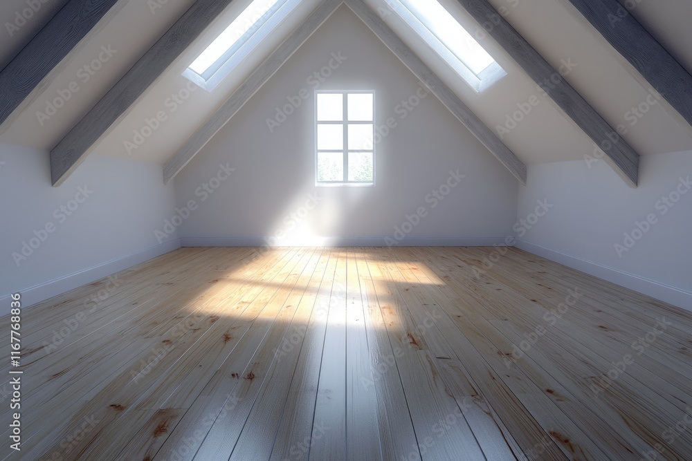 Poster spacious empty attic space with wooden beams and pristine hardwood floors: a look into minimalist ar