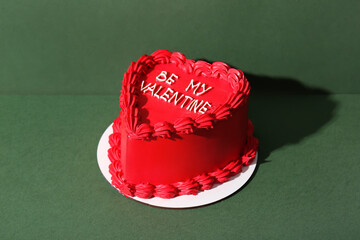 Sweet bento cake on green background. Valentine's Day celebration