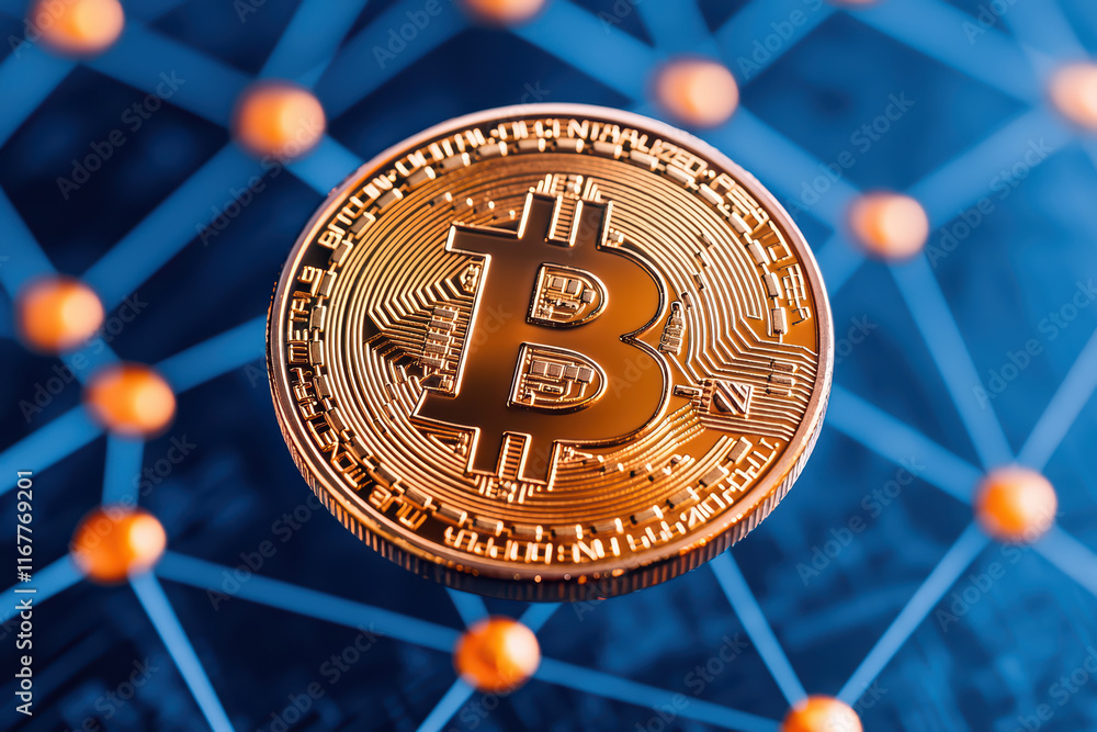 Poster close up of floating cryptocurrency coin on network