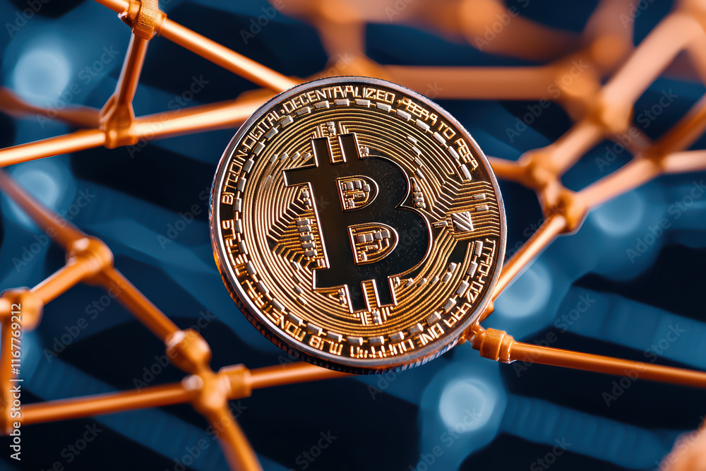 Poster close up of floating cryptocurrency coin with network