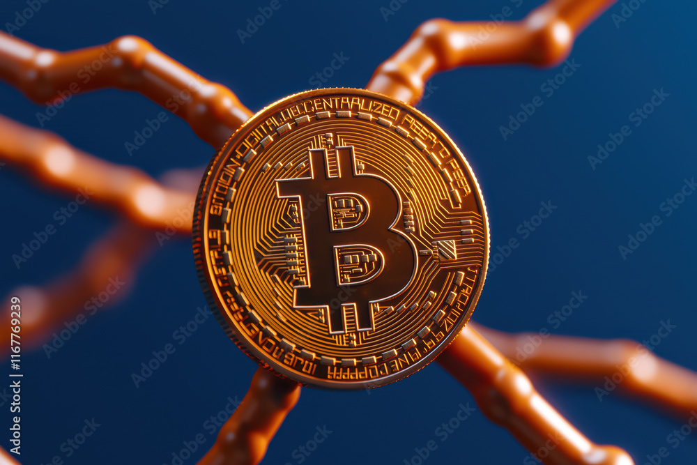 Aufkleber close up of floating cryptocurrency coin with network design