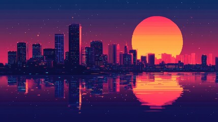 Fototapeta premium Stunning Coastal City Skyline at Night: Vibrant Urban Landscape under a Clear Sky