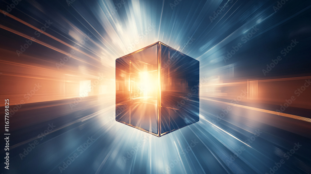 Poster a glowing futuristic cube floating in space emitting radiant orange and blue light beams creating a 