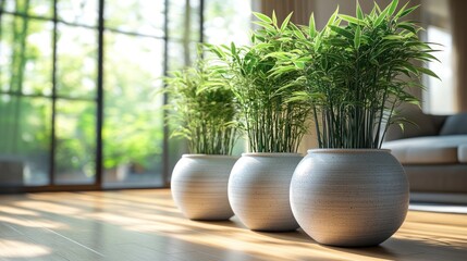 Sunlight streams through large window illuminating three potted plants on hardwood floor in modern living room