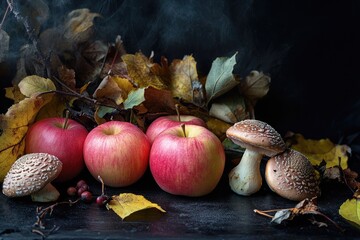 Moody Autumn Still Life: Pink Apples and Fall Decor on a Dark Wooden Surface