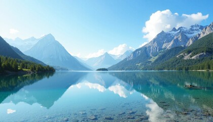 Serene alpine lake reflecting mountains at sunrise, nature preservation