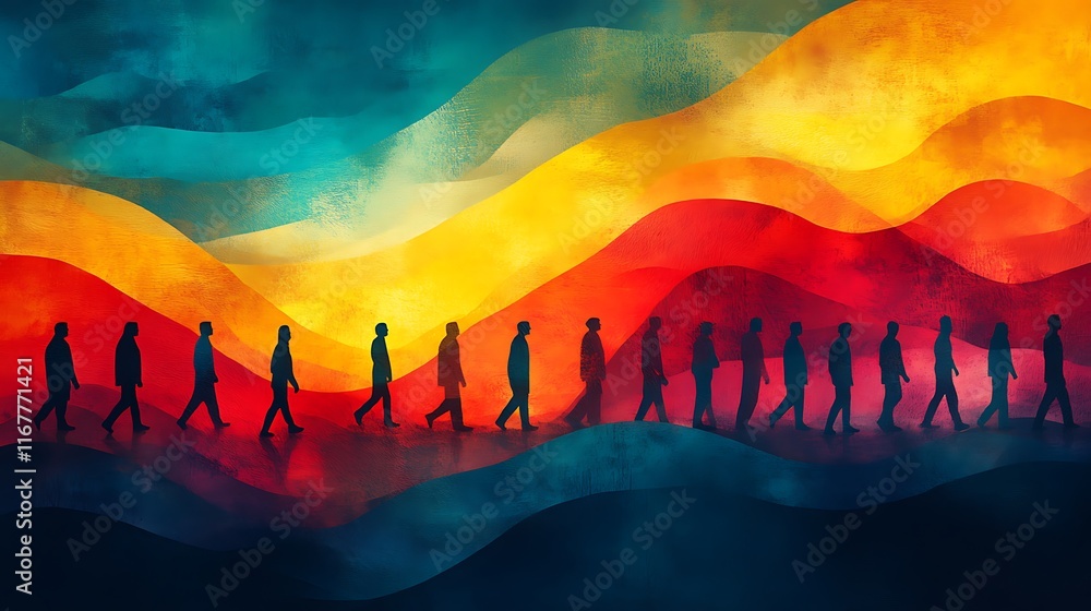 Poster abstract depiction of teamwork leadership dynamic through overlapping layer intertwining path repres