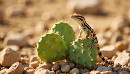 Obraz premium Anole lizard basking on cactus pad in arid desert, wildlife portrait