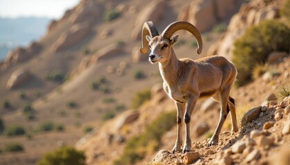 Bighorn lamb standing on rocky hillside in desert landscape, wildlife beauty