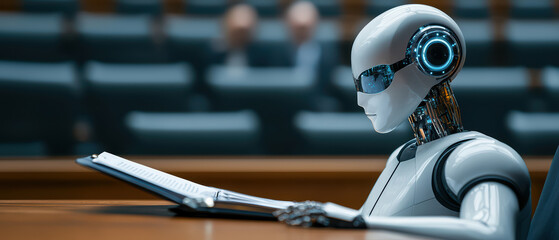 Obraz premium robot lawyer analyzing legal documents in courtroom setting