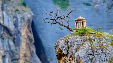 Ancient temple perched atop a rocky cliff, accompanied by a solitary tree with sparse foliage against a mountainous backdrop.