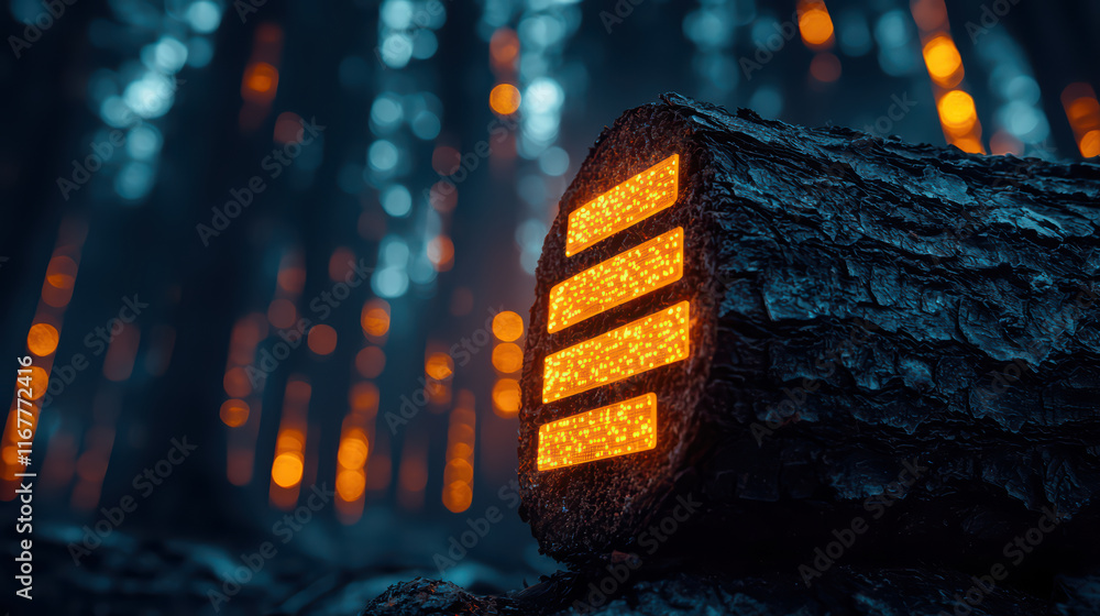 Poster glowing log in dark forest with illuminated patterns