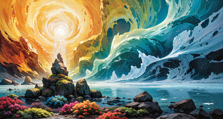 Surreal landscape with colorful waves and glowing sun