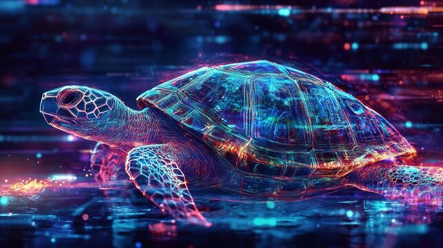 Glowing polygonal turtle on dark background.