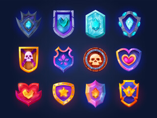 Cartoon game medieval shields. Fantasy rpg wooden or metal shield, ancient warrior viking knight iron armor arms protection inventory gaming element, swanky vector illustration